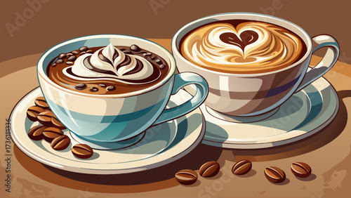 Very beautiful close up Hot cappuccino, coffee with sweet chocolate, and cappuccino with chocolate beverages in white cups