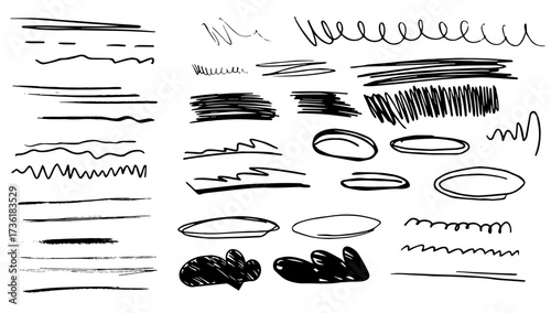 vector pencil ink stroke underline swirls crosshatch scribble strikethrough hand drawn childish doodle big set