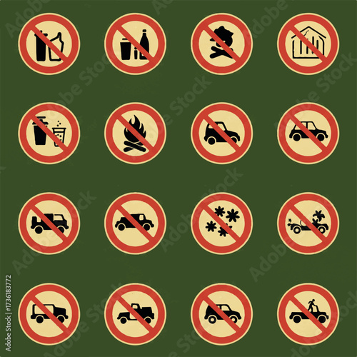 A Collection of Vector Icons Representing Various Prohibited Activities and Restrictions