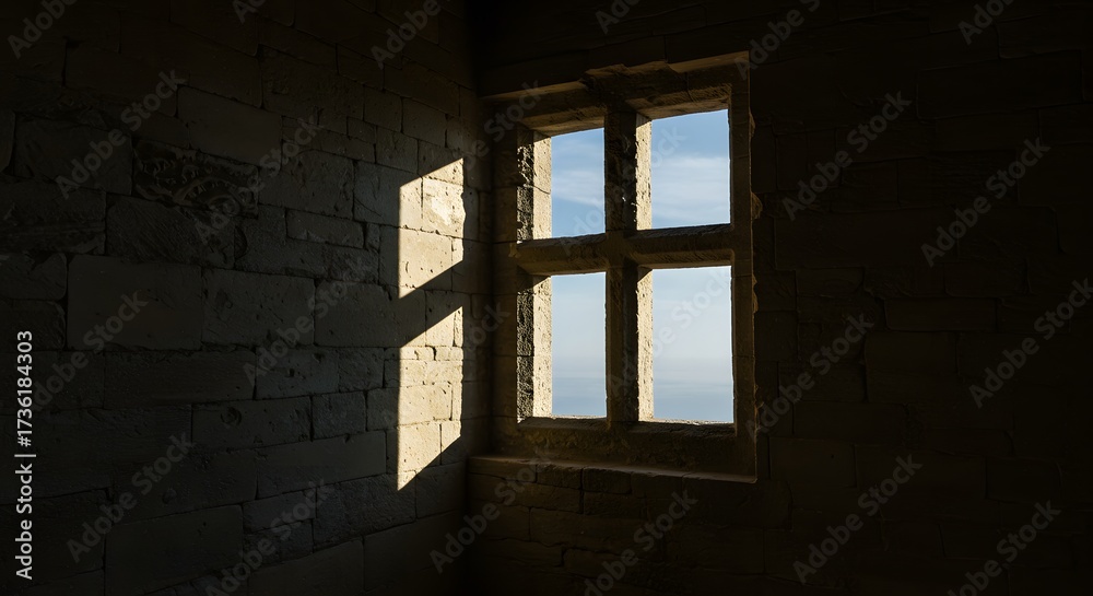 Fototapeta premium Cross-shaped window casting shadows on ancient stone walls