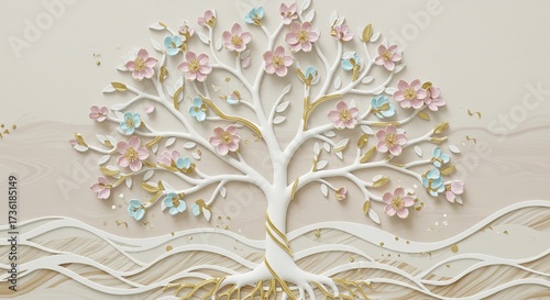 Pearlescent blossom tree wallpaper — delicate 3D embossed mural in pastel tones.