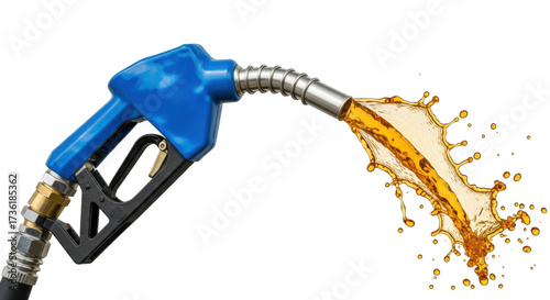 Foto Isolated gas pump nozzle with fuel splashing out in a dynamic spray, fuel indust