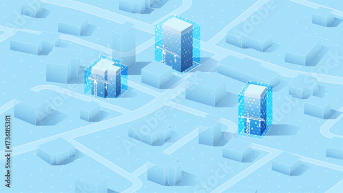 Concept of new buildings are under construction. Futuristic City Construction and Urban Development. Technology in construction to innovate infrastructure. Vector illustration