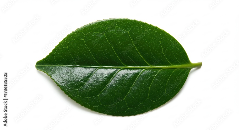 Fototapeta premium Single vibrant green tea leaf isolated on a clean white background.