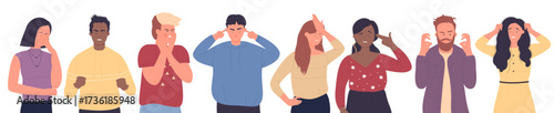 Stress and bad emotions of unhappy adult people vector illustration. Cartoon man and woman arguing, frustrated guy covering ears and head with arms, sad annoyed girl with headache isolated on white