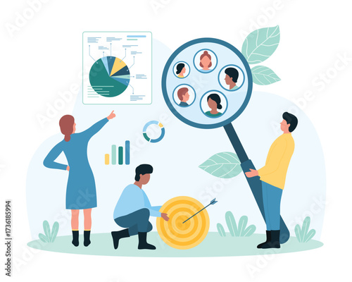 Customer segment analysis for TV market addressable advertising vector illustration. Cartoon tiny people research and divide focus group of potential clients with magnifier, highlight consumers