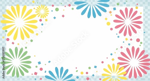 Colorful floral frame with pastel flowers and confetti on white space