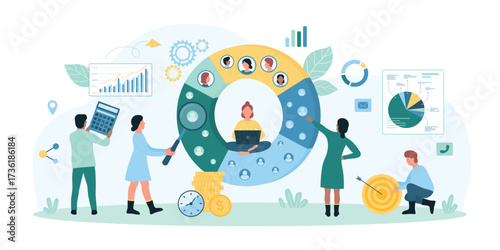 Audience segment analysis and brand positioning among potential customers vector illustration. Cartoon marketing group of tiny people research human resources in pie chart project with magnifier