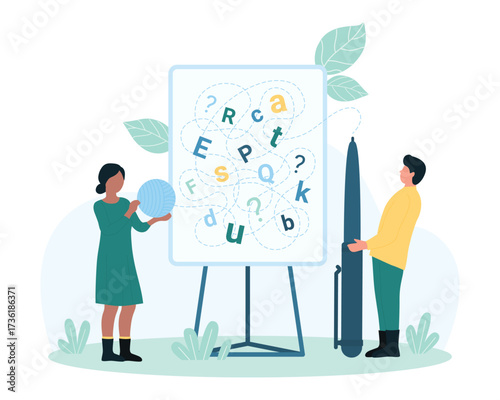 Dysgraphia, disability disorder and problem of learning vector illustration. Cartoon tiny people holding pen and thread to write and unravel puzzle with letters of English alphabet on white board