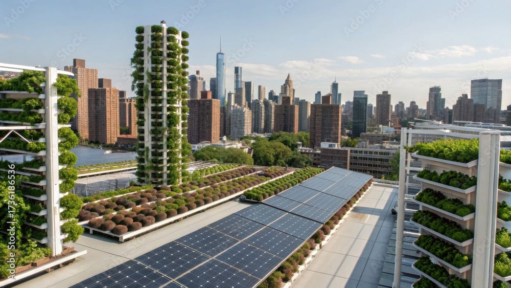 Fototapeta premium A modern rooftop garden with vertical greenery and solar panels, showcasing sustainable urban living against a city skyline.