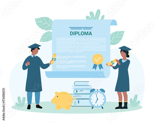 Graduation from higher institution or university vector illustration. Cartoon tiny graduates with academic gowns and caps celebrate success of end of study and education near big diploma concept