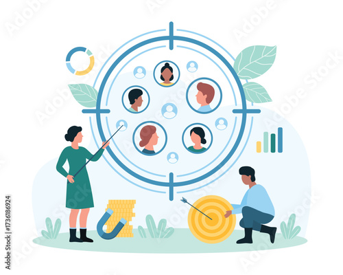 Target audience research service vector illustration. Cartoon tiny people study consumers focus group, find profiles of customers inside circle snipers aim and individual approaches to clients