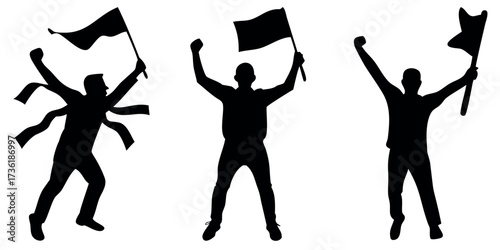 Vector Silhouette Set of Sports Fans Holding Flag Jumping and Clapping