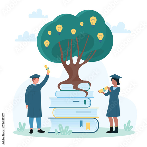 Graduation and growth of knowledge vector illustration. Cartoon tiny people graduates with diploma, gowns and caps celebrate end of school, university, or college near green tree of knowledge