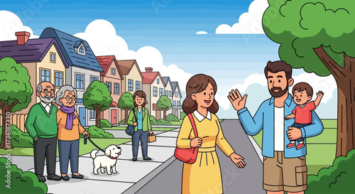 A diverse group of people, including a family with a baby and an elderly couple with a dog, enjoying a sunny day on a suburban street lined with colorful houses and green trees.