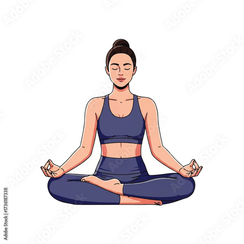 Meditating woman in lotus pose, illustration of yoga and mindfulness, calm and focus