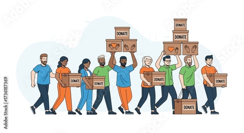 A diverse group of community volunteers walking in a line carrying donation boxes for a charity cause.