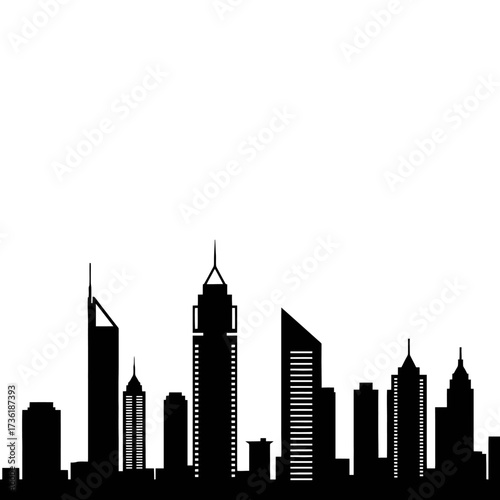 Vector Silhouette of Modern City Skyline with Tall Buildings and Skyscrapers