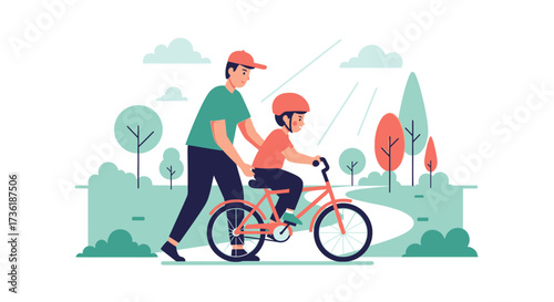 A father is teaching his son how to ride a bicycle in a park on a sunny day.