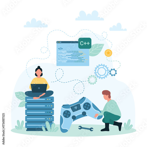 Game development and production vector illustration. Cartoon tiny people repair gamepad and develop online video games, developers programming application and software, coding in editor on screen
