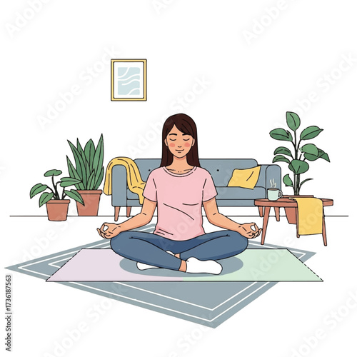 A Woman Practicing Meditation at Home Surrounded by Greenery in a Serene Setting