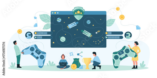 Live competition in space video game challenge between gamers vector illustration. Cartoon tiny people play on online platform, players characters control rockets on digital screen with gamepads