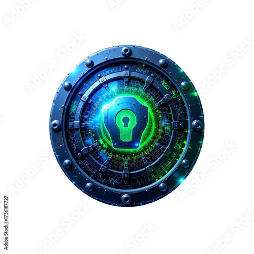Secure your digital assets high-tech shield design virtual space graphic art futuristic environment close-up view cybersecurity concept