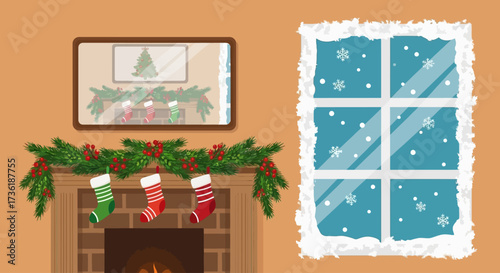 A cozy Christmas living room with a decorated fireplace, hanging stockings, and a snowy window.
