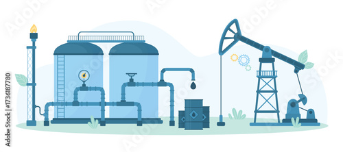 Equipment of oil industry for oilfield exploration and storage vector illustration. Cartoon drilling rig pumpjack for extraction of natural resource, industrial tank with pipeline, pump and tower