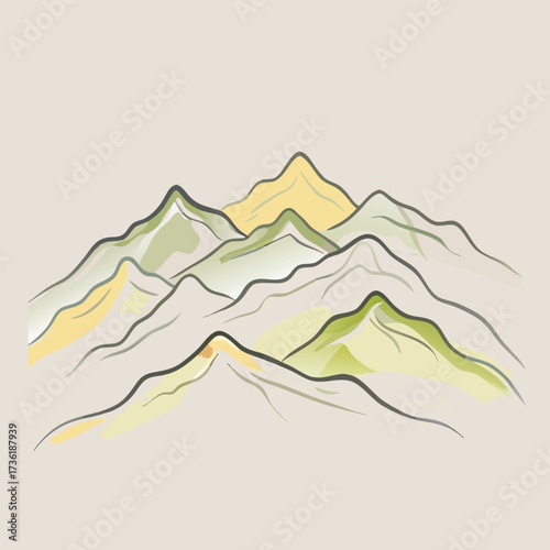 Stylized layered mountain range with soft green and yellow hues vector illustration
