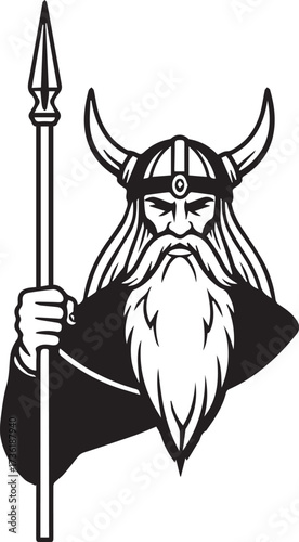 Nordic god Odin vector illustration isolated for mythology and Viking designs. Simple black and white vector illustration of Odin of Norse mythology