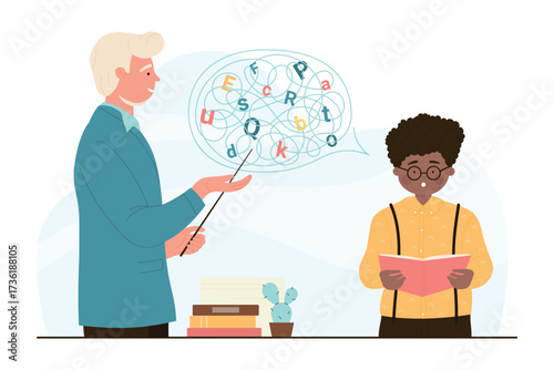 Speech therapy lesson for kid vector illustration. Cartoon teacher character teaching little boy to practice correct speech articulation, training pronunciation support and counseling by therapist