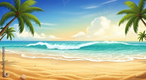 A serene beach scene with palm trees, waves, and a clear blue sky