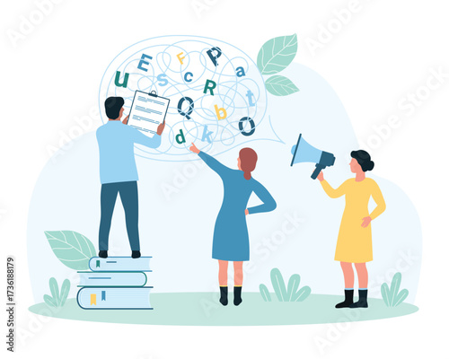 Speech therapy vector illustration. Cartoon tiny people healing pathology of pronunciation and articulation, speaking disorder of adults and kids, work with speech bubble and tangle of letters