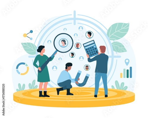 Focus group research service vector illustration. Cartoon tiny people study target audience in centric aim for business promotion and brand product advertising, search success approach for customers