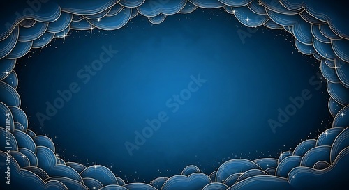 Abstract blue background with cloud border and sparkling star accents