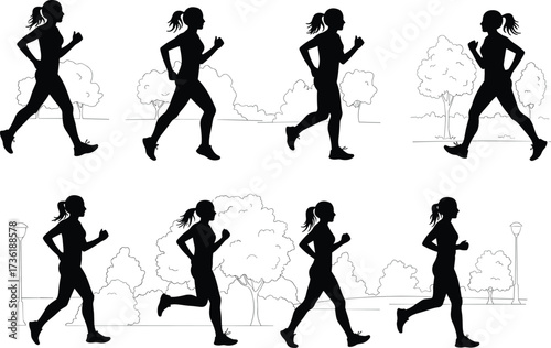 Silhouette woman jogging, running exercise, outdoor fitness, healthy lifestyle, female athlete training, urban park runner, sport activity, active lifestyle illustration