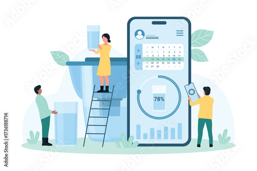 Water hydration health app vector illustration. Cartoon tiny people use application in mobile phone with reminder to drink clean water, character holding glass of purified water after jug filter