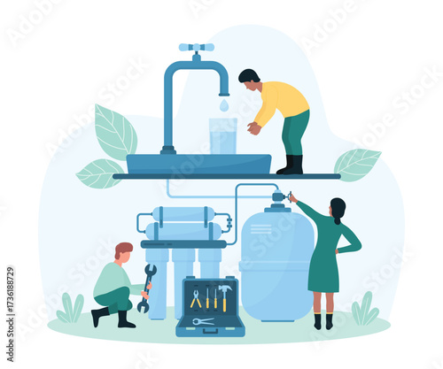 Water filter instalation at home vector illustration. Cartoon tiny people from maintenance service install water purification system under faucet in kitchen or bathroom of house, repairman with wrench