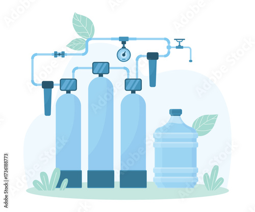 Purification system for clean water production vector illustration. Cartoon automation facility from tanks and pipeline under pressure for water treatment and plastic bottle for storage and delivery