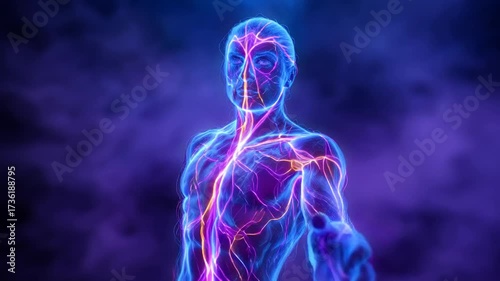 Neon human silhouette with glowing energy veins dark background