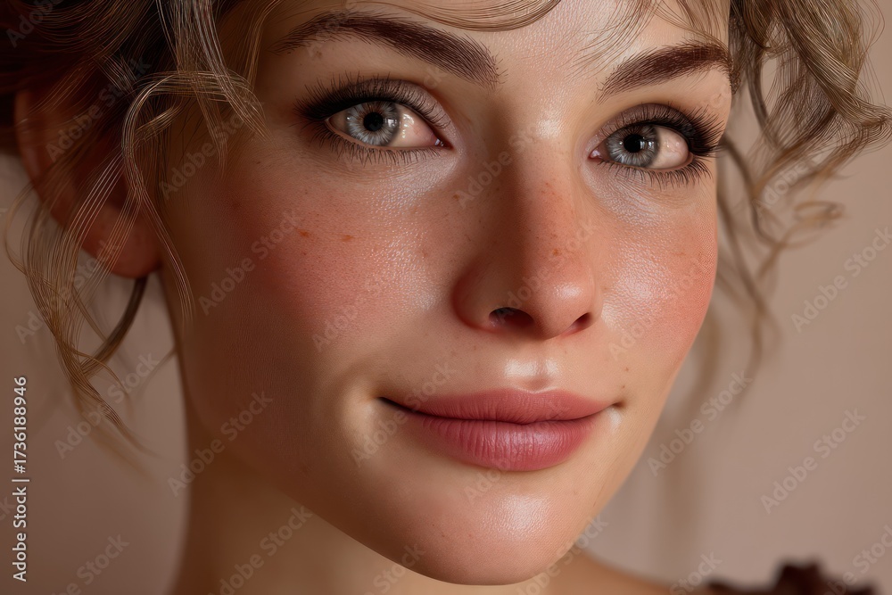 Fototapeta premium Woman with Radiant Skin and Bright Eyes Smiling Gently