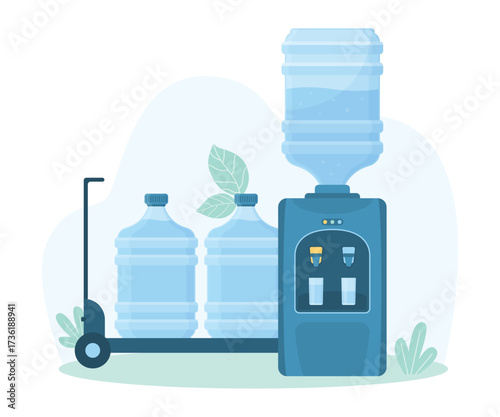 Delivery of clean water for office cooler vector illustration. Cartoon cart with portable plastic bottles, reusable gallons for filling modern dispenser machine for drinking cold and hot water