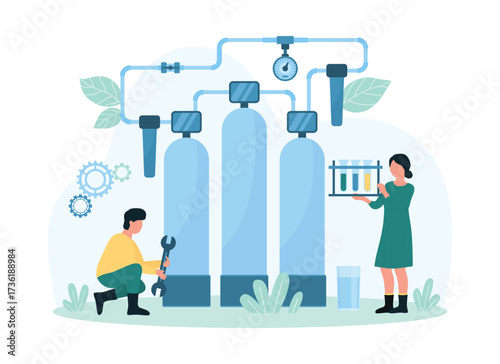 Water purification plant vector illustration. Cartoon tiny people test quality of drinking water purified in industrial filters on station, repair, inspection of water treatment facility by engineers