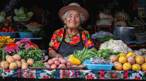 A woman in traditional dress sits behind a blanket piled high with a stunning array of native potatoes