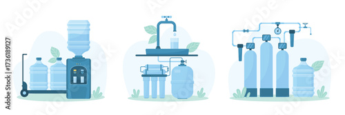 Water purification and delivery set vector illustration. Cartoon filtration facility and pressure pipeline, filters under faucet in home kitchen or bathroom, portable plastic bottles for office cooler