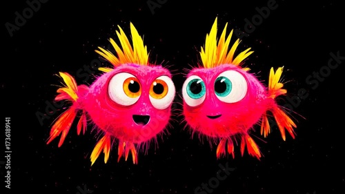 Furry pink creatures with colorful eyes smiling in space