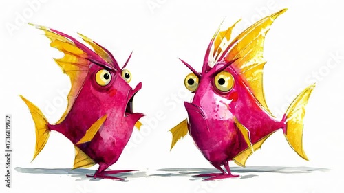 Two colorful cartoon fish in conversation