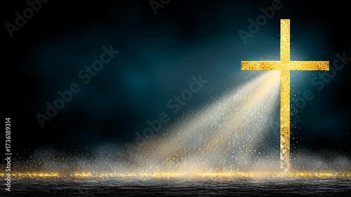 Golden cross illuminated rays of light in dark background