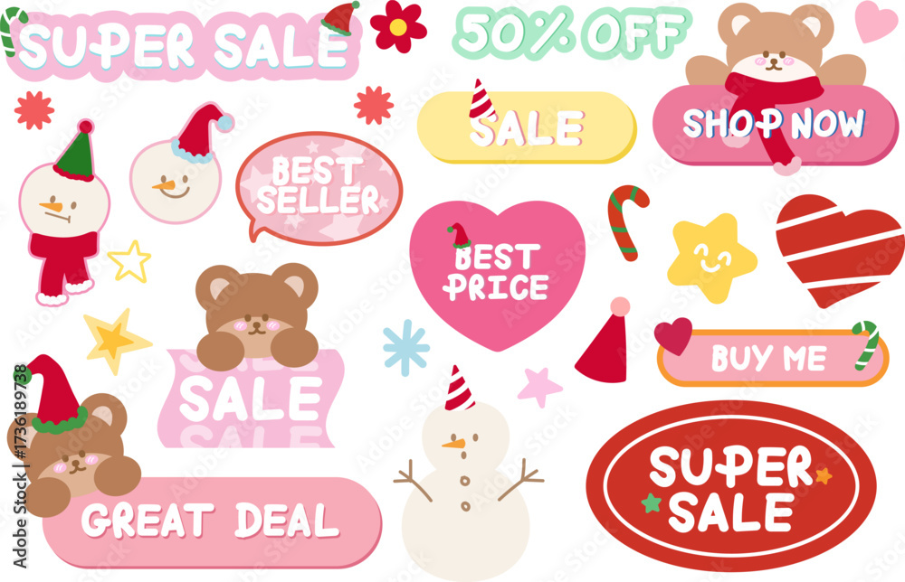 Fototapeta premium Cute Christmas sale icons such as 50% off, best seller, best price, super sale, great deal, shop now for online shopping, promotion, sticker, banner, special price, discount, button, campaign, ads